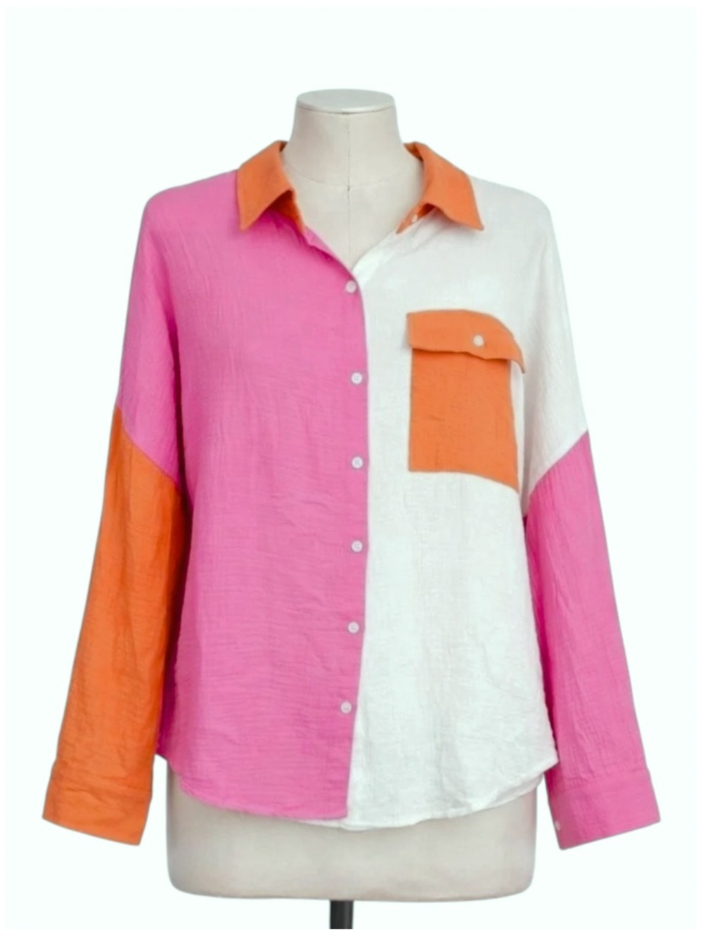 JadyK Orange Pink Color Block Gauze Button Up Top Size XL